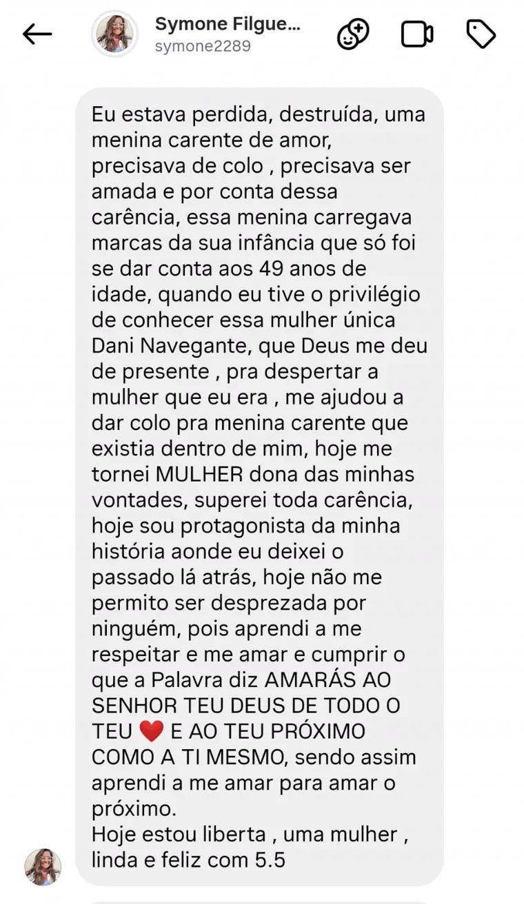 Depoimento de Symone sobre o trabalho com a Dani Navegantes